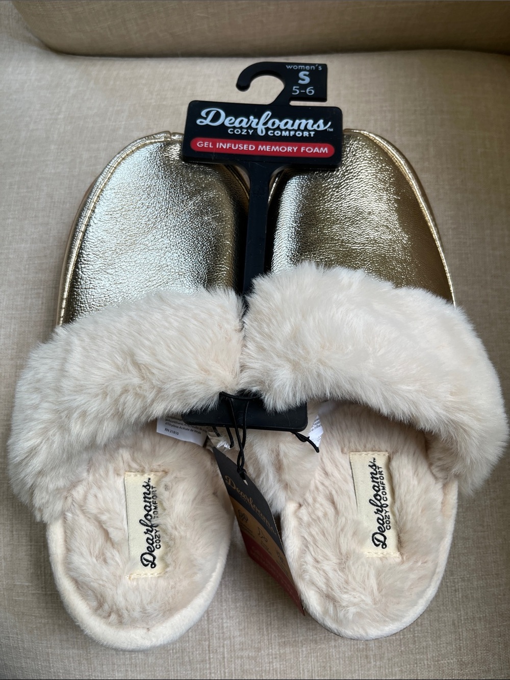 dearfoams Gold Metallic Slip-On Slippers with Cream Faux Fur